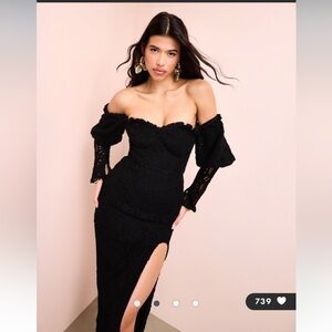 ASOS LUXE off shoulder crochet bardot midi dress with (MISSING BOW CUT OFF)